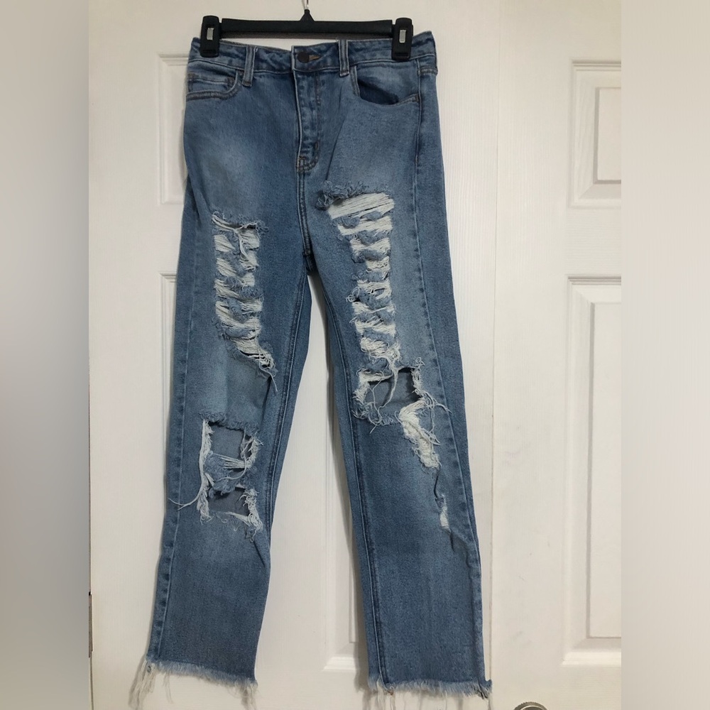 Cello ripped distressed jeans high rise womens size 5 frayed hem club festival‎